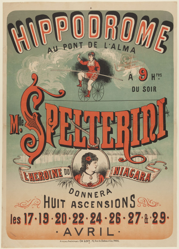 Ein altes Plakat, das ein Hippodrom-Event am Pont de l'Alma bewirbt, zeigt eine Person, die ein Fahrrad mit einem menschlichen Gesicht f├Ąhrt, begleitet von beschreibendem Text.