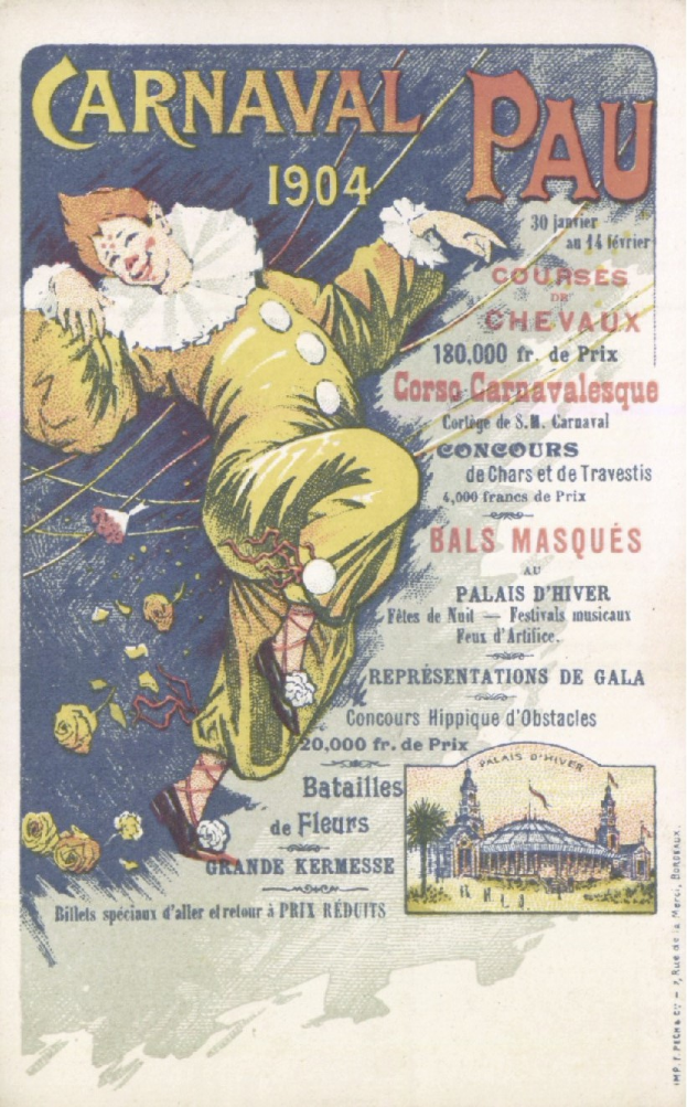 Ein altes Buch mit einem Cover, das einen Clown in einem bunten Kostüm und einem verschmitzten Gesichtsausdruck zeigt, mit der Aufschrift 'Carnaval Pau 1904'.