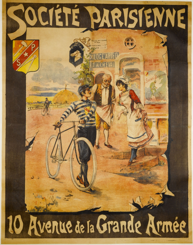 Plakat für ein Fahrradrennen in Paris, Frankreich, mit einer Gruppe von Menschen, von denen einer ein Fahrrad hält und ein Gebäude im Hintergrund zu sehen ist, mit Text, der das Ereignis beschreibt.