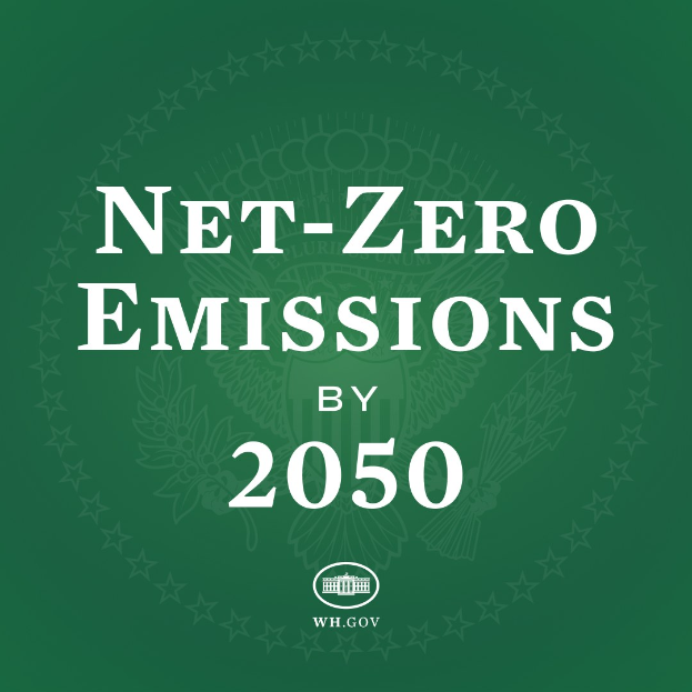 Grünes Hintergrundbild mit fettem weißem Text, der "netto-null-Emissionen bis 2050" liest.