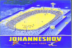 Plakat für ein Hockey-Spiel in Johannesburg, Südafrika 1955 mit einem vollen Stadion, Bäumen, Lichtern und Text.