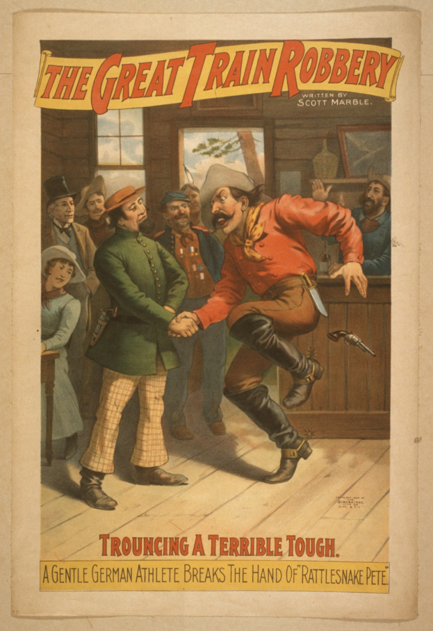 Plakat zeigt eine Gruppe von Menschen, wobei einer eine Waffe hält, ein Fenster und eine Wand im Hintergrund und Text, der "Der große Zugraub - Trouching ein Schreckliches Tough" an der Ober- und Unterseite lautet.