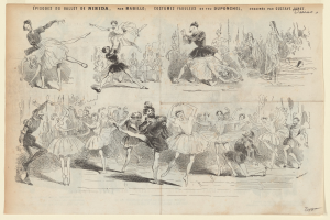 Eine Seite aus einem Buch mit einer Zeichnung von tanzenden Menschen in lebendigen, energetischen Posen mit begleitendem Text, der das Datum, die Uhrzeit und den Ort des Ereignisses beschreibt.