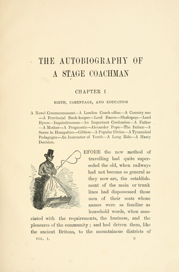 Offenes Buch mit dem Titel "Die Autobiografie eines Kutschers" zeigt eine Zeichnung eines ernst dreinblickenden Kutschers in Anzug und Hut mit einer Peitsche und einem Buch.