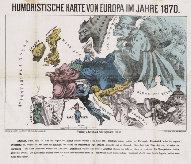 Plakat mit der Bezeichnung "Humoristische Karte von Europa im Jahre 1870", das eine zentrale Karte von Europa mit Cartoon-Bildern und Text umgeben zeigt.