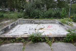 Ein verlassener Swimmingpool in einem Park, übersät mit Graffiti, umgeben von Bäumen, Pflanzen und einem Pfahl, mit Gebäuden und einem klaren blauen Himmel im Hintergrund.