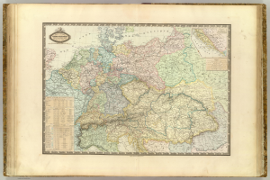 Ein altes Buch ist offen und zeigt eine detaillierte Karte von Deutschland mit seinen Bundesländern und Städten.