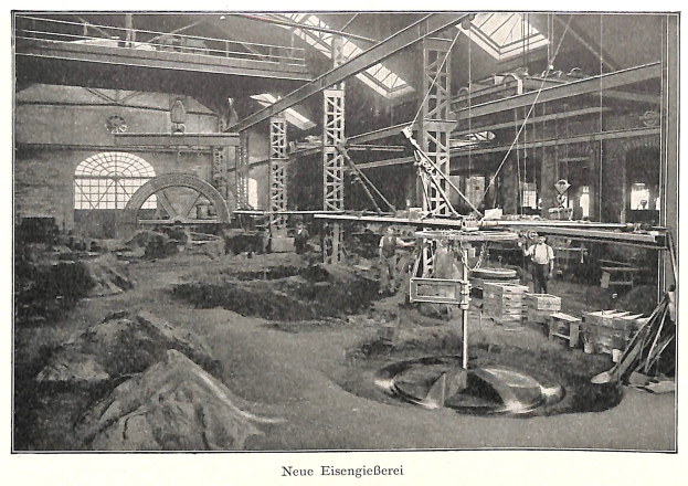 Schwarzes und weißes Foto einer Fabrik mit Arbeitern, die Maschinen bedienen, umgeben von Metallstangen und -pfählen, beschriftet mit "Neue Eisenglebeerei, die erste Fabrik in Deutschland" unten.