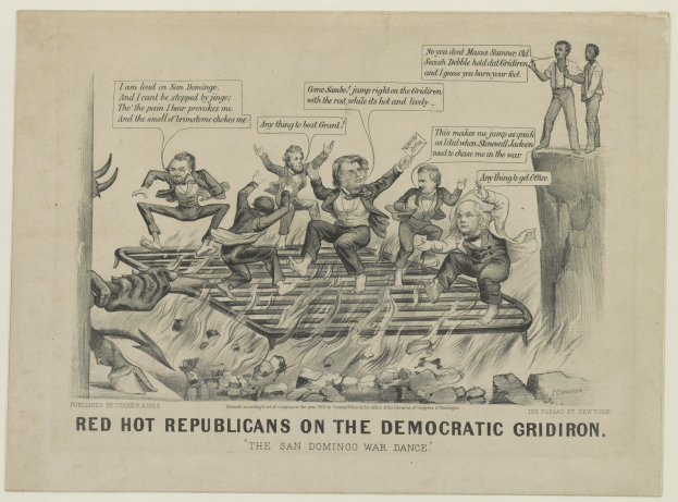 Eine Zeichnung auf Papier, die rote Figuren in Not auf einem Rost zeigt, mit schwarzer Schrift, die eine ernste Situation betont.