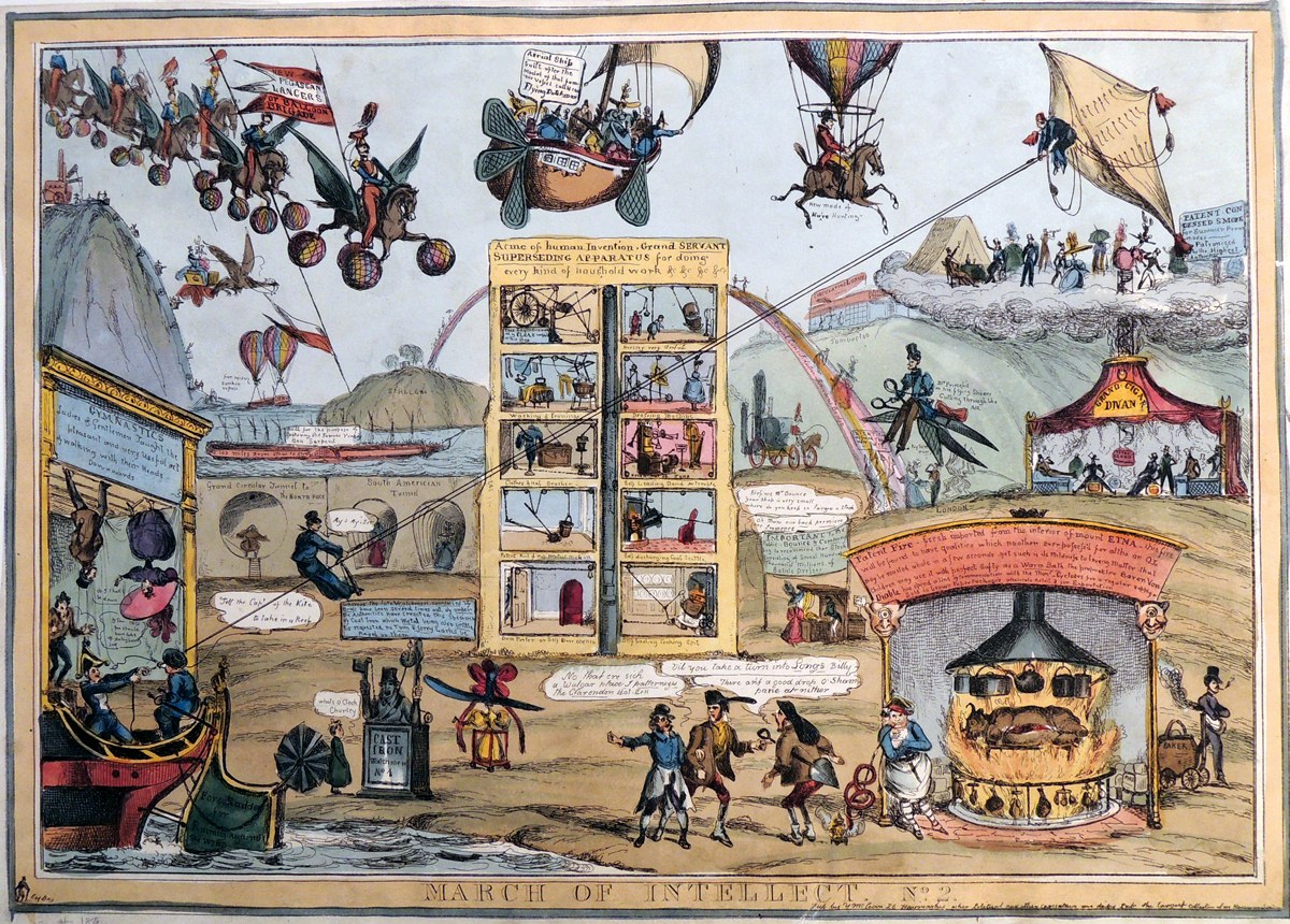 Ein Plakat mit dem Titel "Marsch des Geistes", das eine Zirkusszene mit Heissluftballons, Fallschirmen, Pferden, Zelten und anderen Gegenst├Ąnden zeigt.