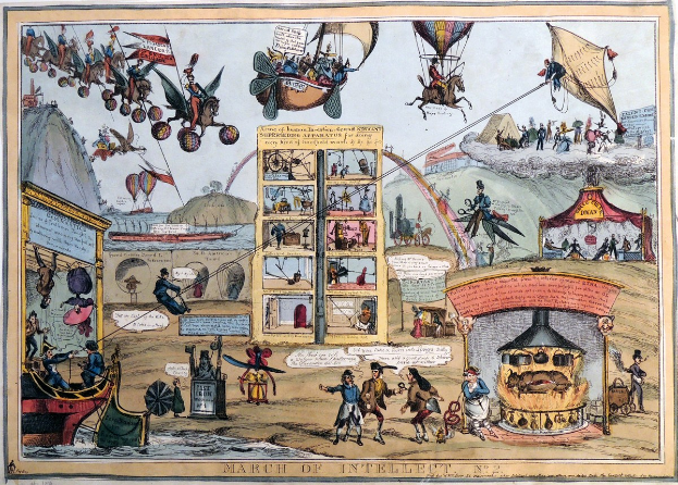 Ein Plakat mit dem Titel "Marsch des Geistes", das eine Zirkusszene mit Heissluftballons, Fallschirmen, Pferden, Zelten und anderen Gegenst├Ąnden zeigt.