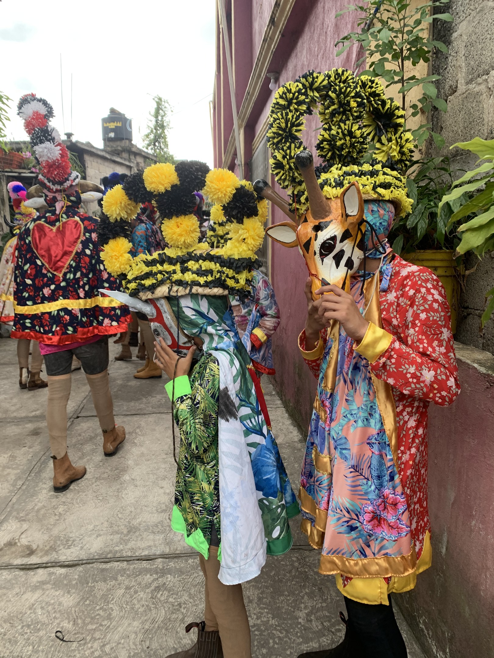 Eine Gruppe von Menschen in bunten Kostümen mit verschiedenen Gegenständen, die vor einem Gebäude mit Bäumen und einem klaren blauen Himmel stehen, wahrscheinlich an einem Karnevalsumzug teilnehmend.