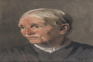 Ein älterer Mann mit weißem Haar und einem schwarzen Hemd, gemalt im Porträtstil, hat einen warmen und einladenden Ausdruck mit geschlossenen Augen und leicht geöffneten Lippen, der ihm einen friedlichen und zufriedenen Eindruck verleiht, mit ordentlich gekämmtem Haar und einfacher, zeitloser Kleidung.