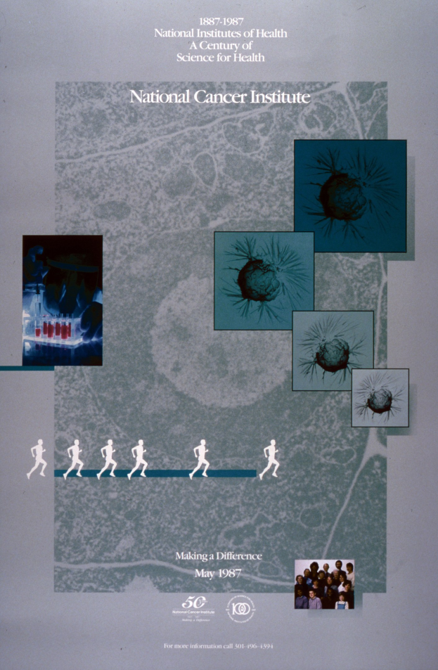 Buntes Plakat für das National Cancer Institute mit einem blauen Hintergrund, fetter weißer Schrift, die "National Cancer Institute" lautet, und kreisförmiger Anordnung von überlappenden lächelnden Bildern von verschiedenen Menschen.