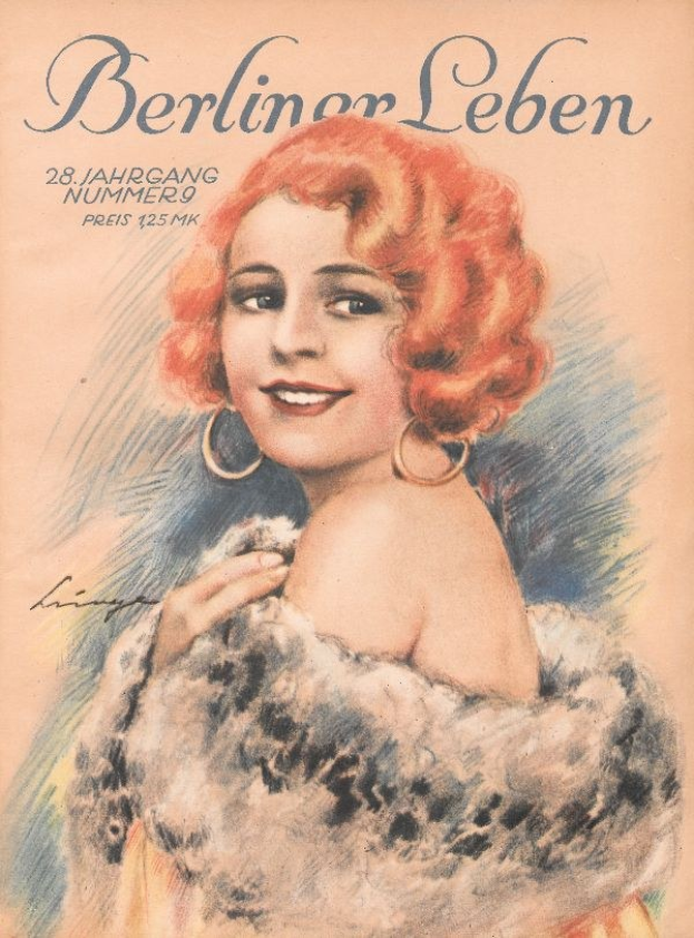 Frau mit roter Haare in einem Nerzmantel auf dem Cover einer Berliner Leben Zeitschrift im Stil der 1950er Jahre mit fetter schwarzer Schrift, die "Berliner Lebens" lautet