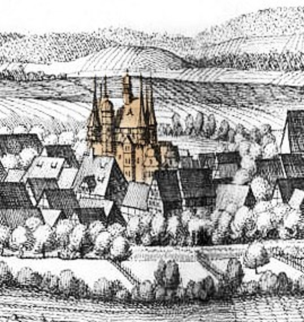 Schwarz-weiß-Zeichnung einer kleinen Stadt mit einer zentralen Kirche, umgeben von Bäumen und Hügeln, beschriftet mit "Gotische Architektur in Deutschland" unten.