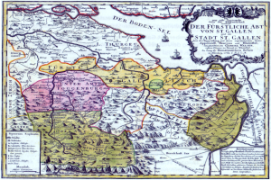 Eine Karte von Deutschland aus dem 16. Jahrhundert, die das Deutsche Reich zeigt und mit detaillierten Texten über die Region gefüllt ist.