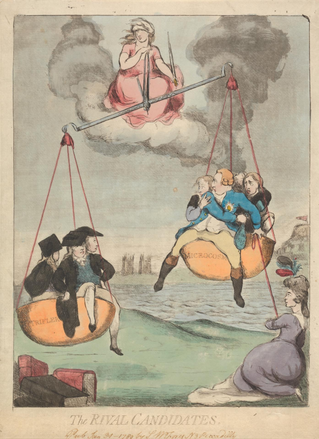 Ein Papierbild, das zwei Personen auf einer Schaukel zeigt, wobei eine Person auf der Schaukel sitzt und eine Person auf dem Boden steht, vor einem Hintergrund aus Wolken und Rauch, mit der Aufschrift "Die Rivalen" unten.