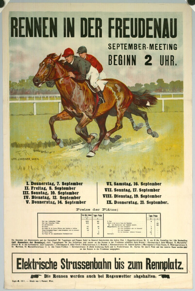 Plakat, das ein Pferderennen in Deutschland mit zwei Reitern auf Pferden im Vordergrund und Bäumen im Hintergrund ankündigt, mit Text zu den Renndetails.