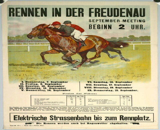 Plakat, das ein Pferderennen in Deutschland mit zwei Reitern auf Pferden im Vordergrund und Bäumen im Hintergrund ankündigt, mit Text zu den Renndetails.