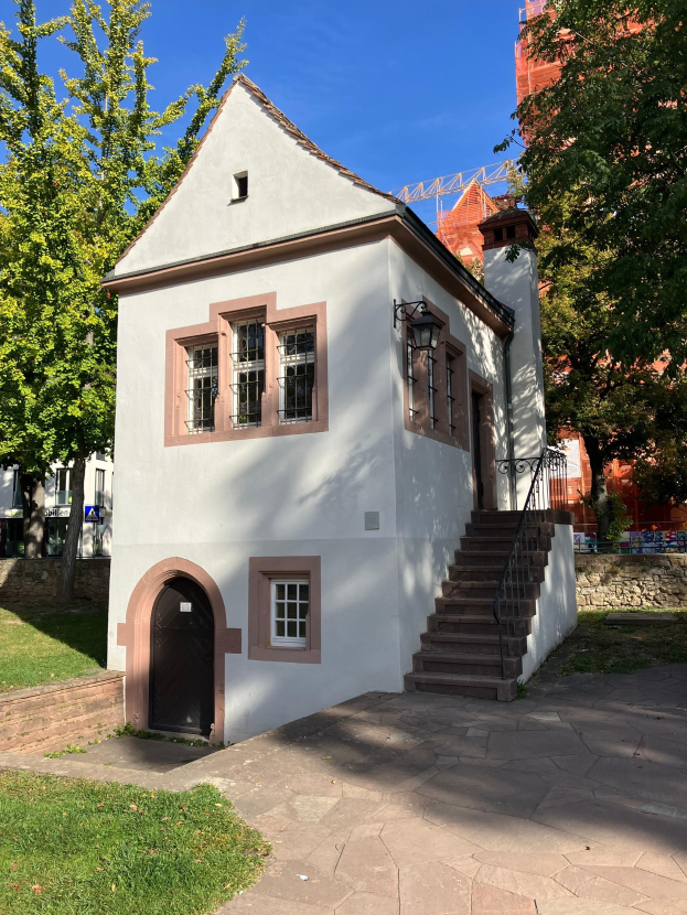 Kleines weißes Gebäude mit schwarzer Tür und Fenstern, das sich in der Altstadt von Heidelberg befindet und eine Treppe mit Geländer, eine Außenwandbeleuchtung, Gras, Bäume, entfernte Gebäude, einen Turm und einen bewölkten Himmel zeigt.