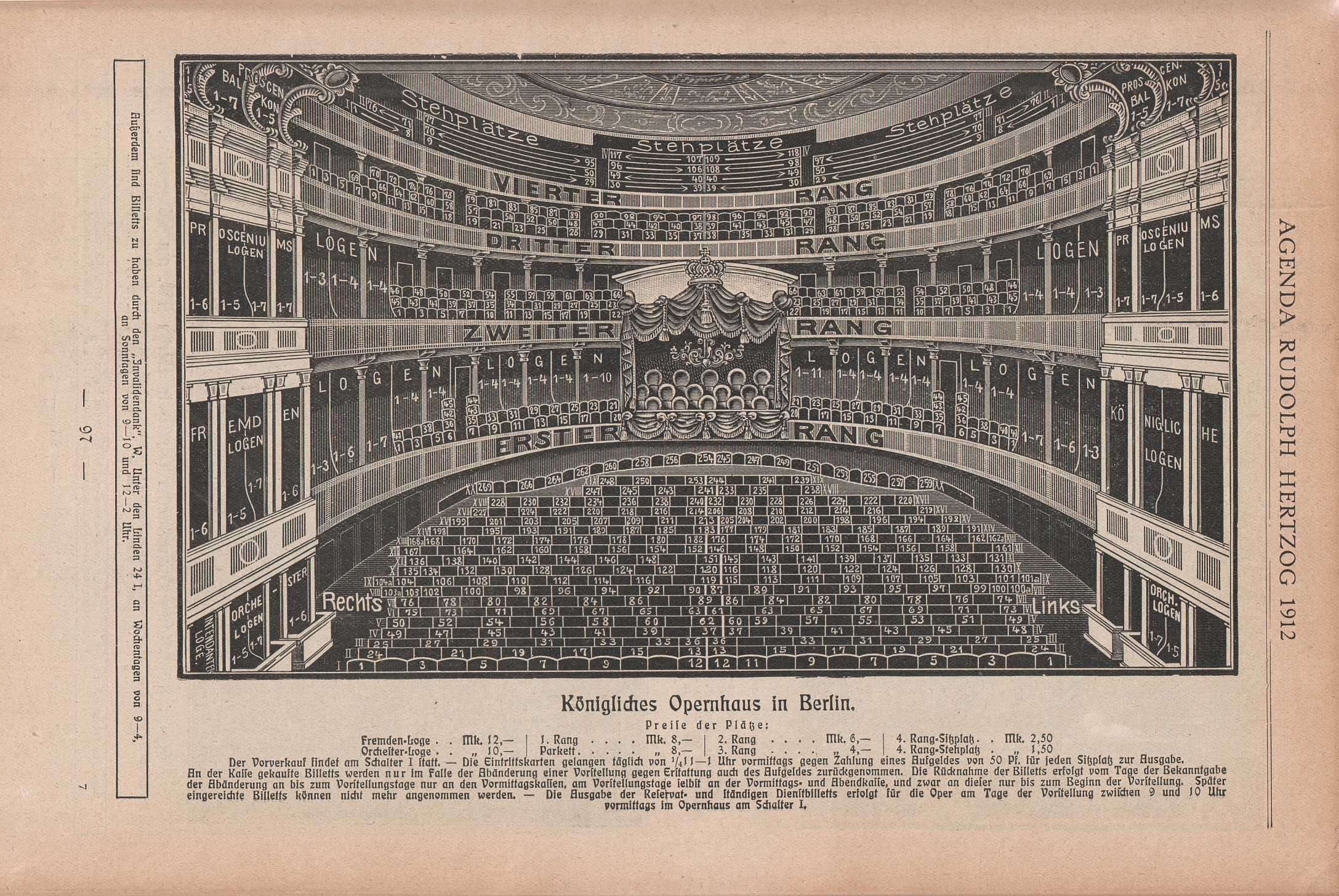 Schwarz-weiß-Illustration eines großen, leeren Auditoriums in Berlin, Deutschland, mit Sitzreihen und gedrucktem Text auf der gegenüberliegenden Seite eines offenen alten Buches.