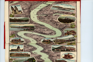 Ein altes Kartenbild des Rheins in Deutschland, umgeben von Illustrationen von Gebäuden, Bäumen und Wasser, in einem Photo-Rahmen angezeigt.