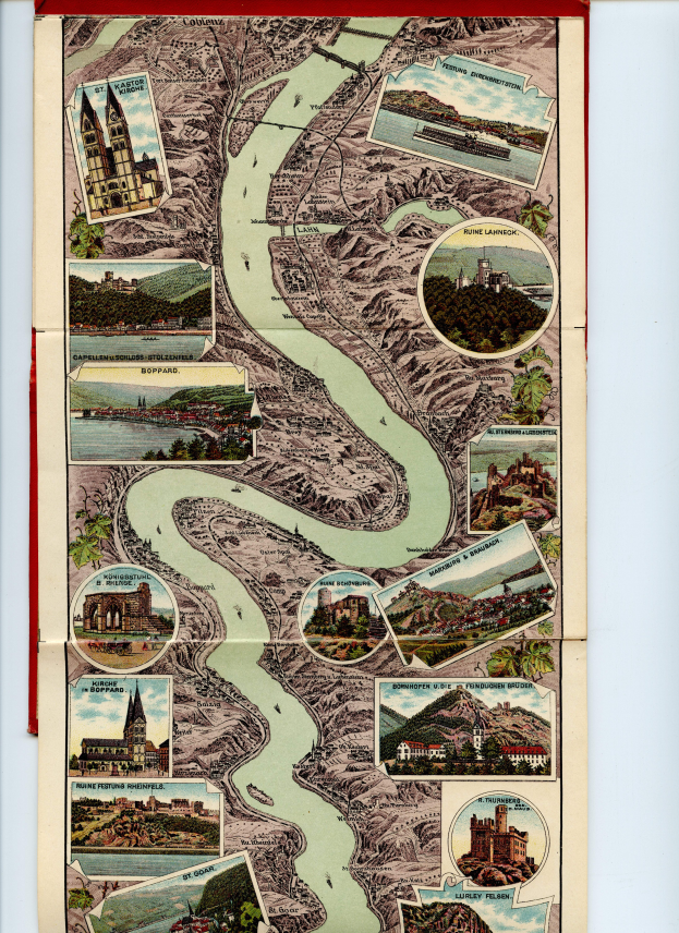 Ein altes Kartenbild des Rheins in Deutschland, umgeben von Illustrationen von Gebäuden, Bäumen und Wasser, in einem Photo-Rahmen angezeigt.