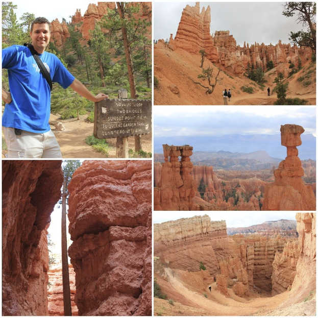 Ein Collage mit historischen Denkmälern, Bäumen, einer Gruppe von Menschen, einer Tafel, Skulpturen, Felsen und dem Himmel.