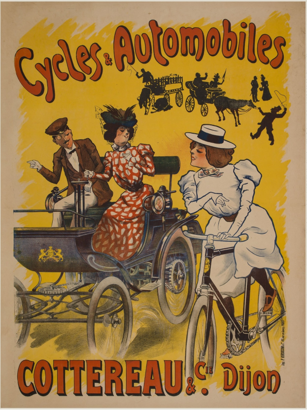 Plakat, das Fahrräder und Automobile in Cottereau und Dijon, Frankreich, ankündigt, zeigt Menschen, die Fahrräder fahren und eine Kutsche mit der Aufschrift "Fahrräder und Automobile" oben.