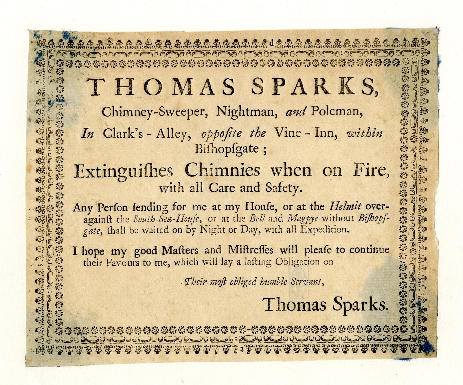 Papier mit gedrucktem Text, der die Dienstleistungen eines Schornsteinfegers namens Thomas Sparks ankündigt, einschließlich seiner Lage und seiner Feuerlöschfähigkeiten.