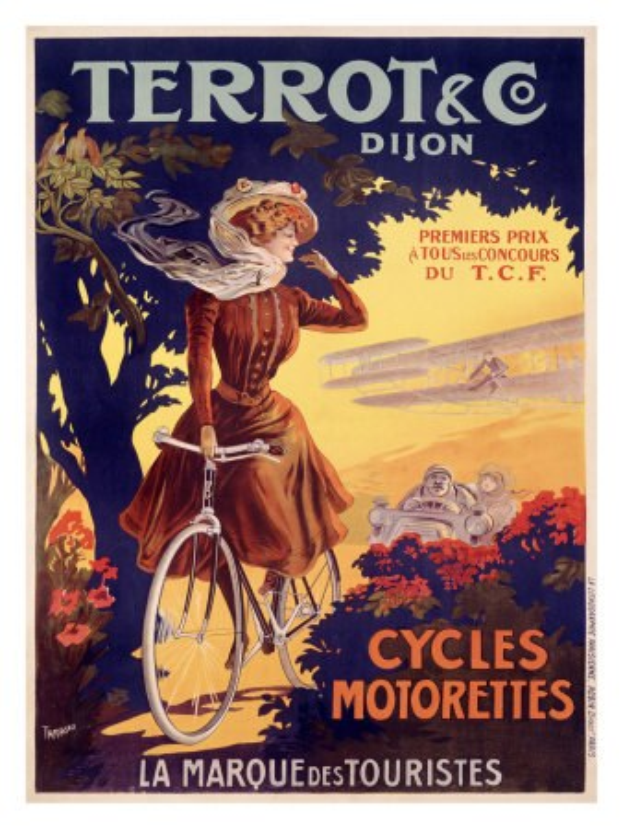 Ein Plakat, das eine Fahrradtour in Frankreich ankündigt, zeigt eine Frau, die ein Fahrrad durch einen Wald und Blumen fährt, umgeben von anderen Radfahrern und Text.