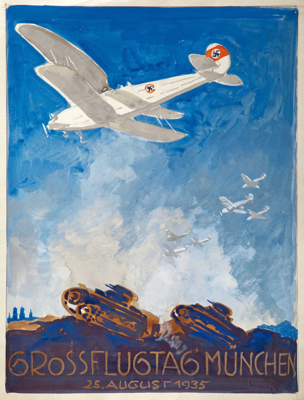 Plakatankündigung eines Luftfahrtfestivals in München am 25. August 1935 mit einem Flugzeug, das durch den Himmel fliegt und andere Flugzeuge im Hintergrund.