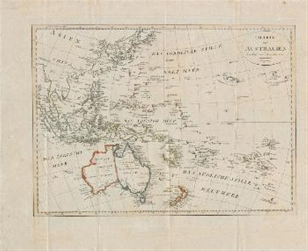 Detailierte Karte von Australien und Neuseeland auf Papier mit dem britischen Empire im Hintergrund, einschließlich Länder- und Hauptstadtnamen.