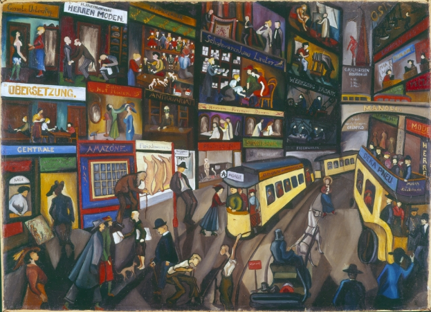 Ein Bild, das eine belebte Stadtstraße mit Menschen, Fahrzeugen, Gebäuden und verschiedenen Geschäften und Schildern zeigt.