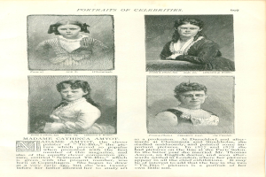 Ein aufgeschlagenes Buch mit vier detaillierten, farbenfrohen Porträts von Frauen mit einzigartigen Gesichtsausdrücken und Frisuren sowie sauber geschriebenem Text.