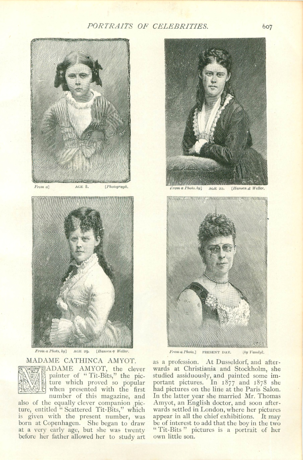 Ein aufgeschlagenes Buch mit vier detaillierten, farbenfrohen Porträts von Frauen mit einzigartigen Gesichtsausdrücken und Frisuren sowie sauber geschriebenem Text.