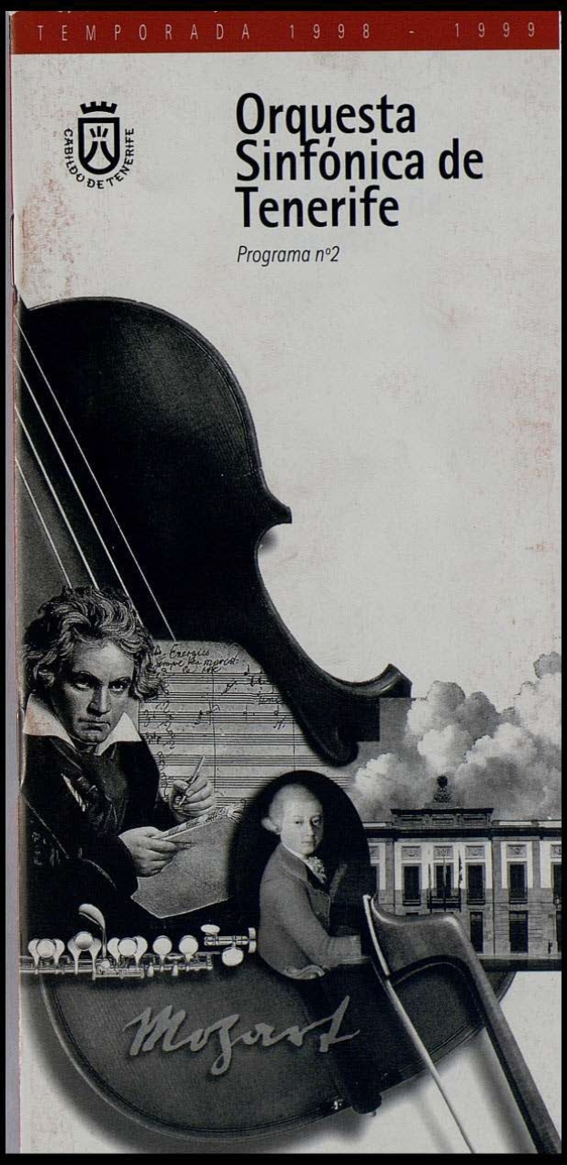 Plakat für Mozarts Symphonie Nr. 2 in D-Moll, Op. 63, mit zwei Geigern im Vordergrund und einem Gebäude im Hintergrund, mit der Aufschrift "Orquesta Sinfónica de Tenerife Programa Nº 2".