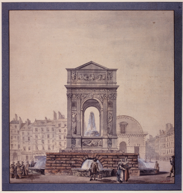 Ein gerahmtes Bild einer Brunnenanlage inmitten eines Stadtplatzes, umgeben von Gebäuden und Menschen, mit klassischem Stil.