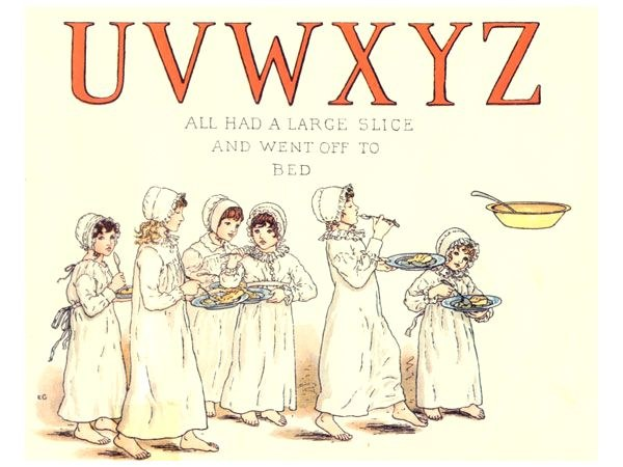 Eine Gruppe von Menschen hält Teller mit Essen, eine Schüssel und einen Löffel rechts, mit Text oben lesend "Uwxyz - Alle hatten ein großes Stück und gingen ins Bett."