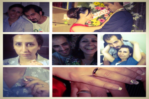 Ein Fotocollage mit einem Mann und einer Frau mit Eheringen an den Fingern, umgeben von Blumen und verschiedenen Gegenständen im Hintergrund.