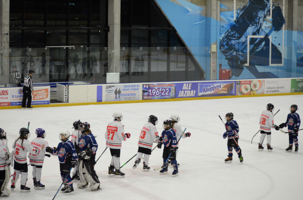 Gruppe junger Menschen beim Eishockey auf einer Indoor-Eisfläche, mit Helmen und Eishockeyschlägern, einer Person auf der linken Seite und Bannern, Säulen und Glaswänden im Hintergrund.