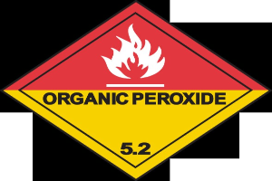 Rotes und gelbes Schild mit der Aufschrift "Organisches Peroxid 5.2", das eine gefährliche Substanz anzeigt.