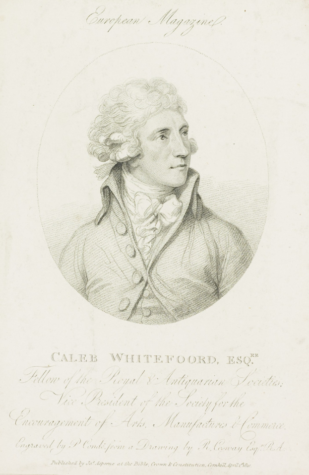 Porträt von Caleb Whiteford, Esq., Präsident der Society for the Encouragement of Arts, Manufacturers and Commerce, der ernsthaft in einem Anzug posiert und ein Papier mit geschriebenem Inhalt hält.
