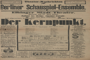 Eine Vintage-Zeitungsanzeige für das Berliner Schauspiel-Ensemble, die einen Mann im Anzug und Schlips zeigt, mit beschreibendem Text über das Ereignis.