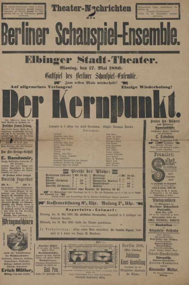 Eine Vintage-Zeitungsanzeige für das Berliner Schauspiel-Ensemble, die einen Mann im Anzug und Schlips zeigt, mit beschreibendem Text über das Ereignis.