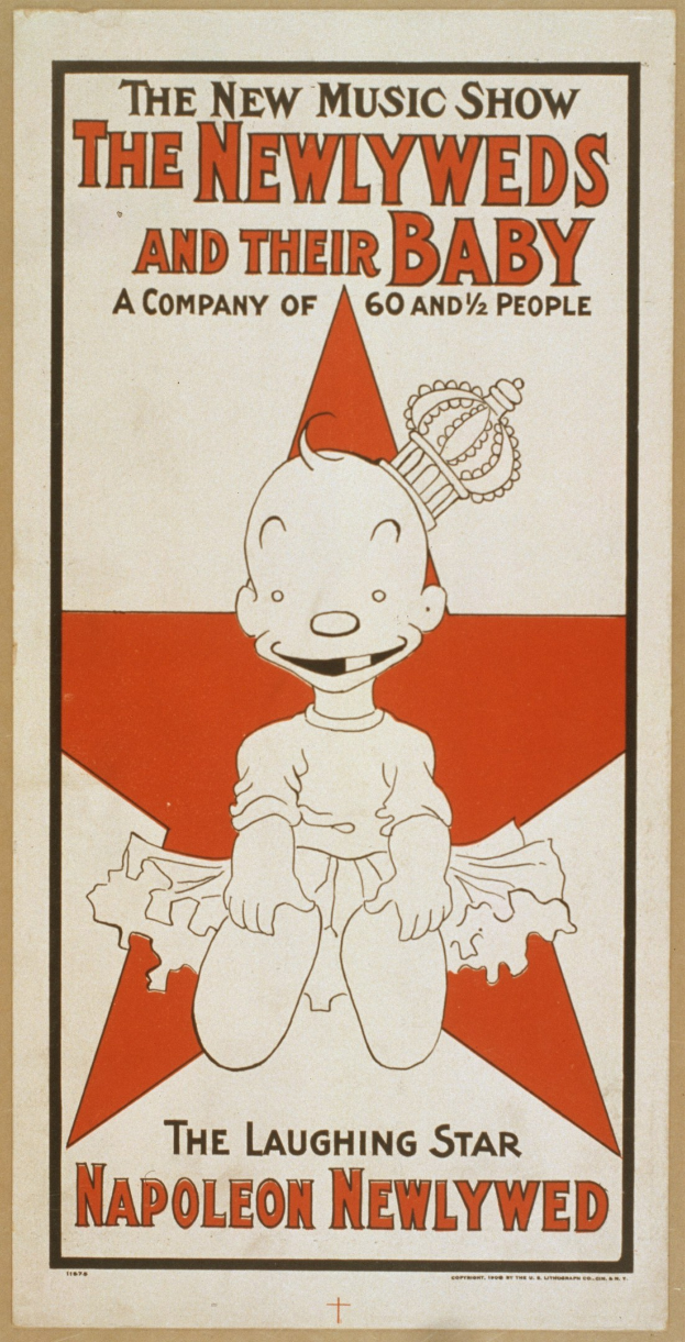 Plakat für "The New Music Show: The Newlyweds and Their Baby" mit einer Cartoon-Baby in einem weißen Onesie mit einer pinken Schleife, das gegen einen hellblauen Hintergrund mit Sternen lächelt.