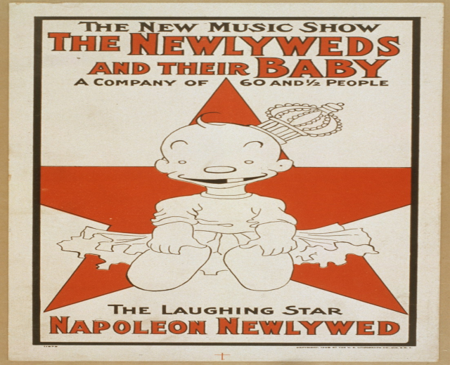 Plakat für "The New Music Show: The Newlyweds and Their Baby" mit einer Cartoon-Baby in einem weißen Onesie mit einer pinken Schleife, das gegen einen hellblauen Hintergrund mit Sternen lächelt.