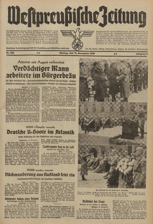 Titelseite einer deutschen Zeitung vom 13. November 1939, betitelt 'Weitpreubliche Zeitung', mit einer Gruppe von Menschen in traditioneller deutscher Kleidung in einer feierlichen Umgebung.