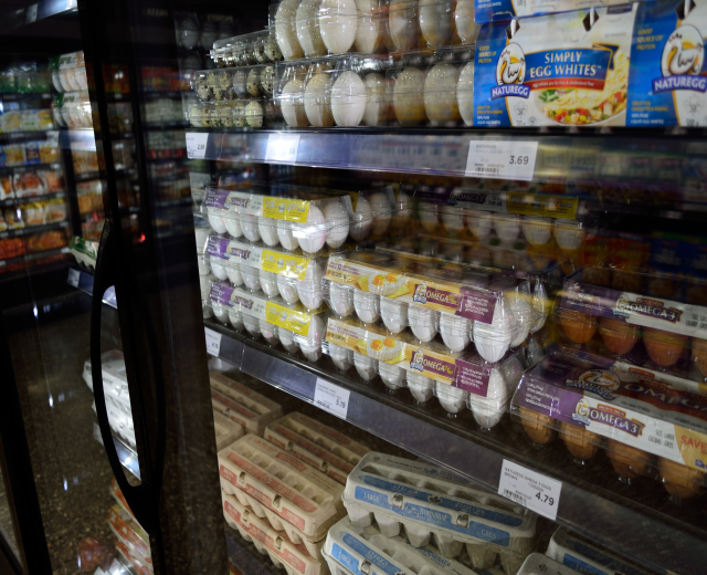 Ein Supermarktkühlschrank mit ordentlich arrangierten Eierkartons und sichtbaren Preisschildern, vor einem leicht unscharfen Hintergrund.